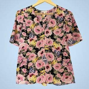 Rebecca‎ Taylor Silk Top Blouse Floral Pink Short Sleeves V-Neck Size 4 Shirt